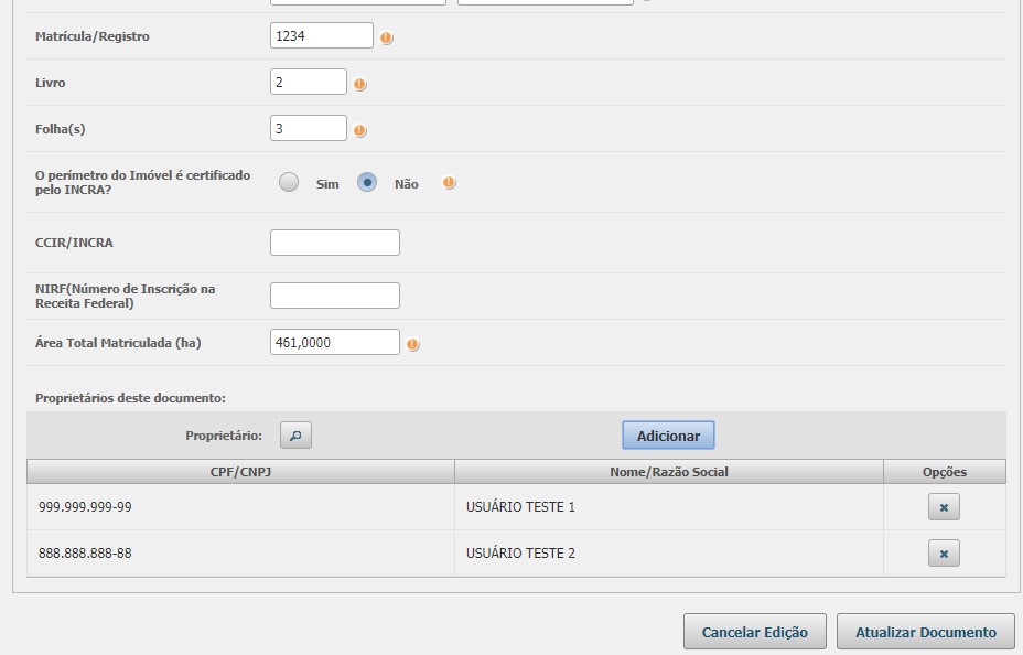 Figura 13: Novo proprietário adicionado à lista de requerentes