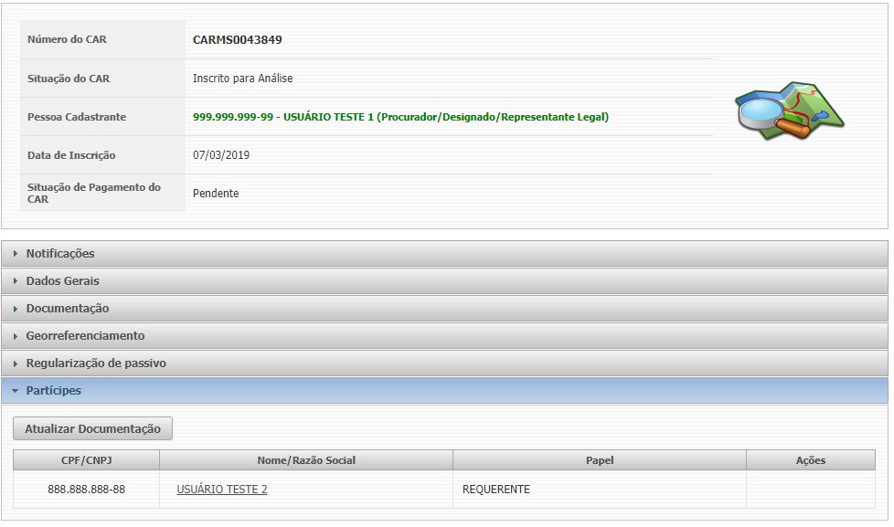 Figura 20: Antigo requerente se mantém como cadastrante do CAR