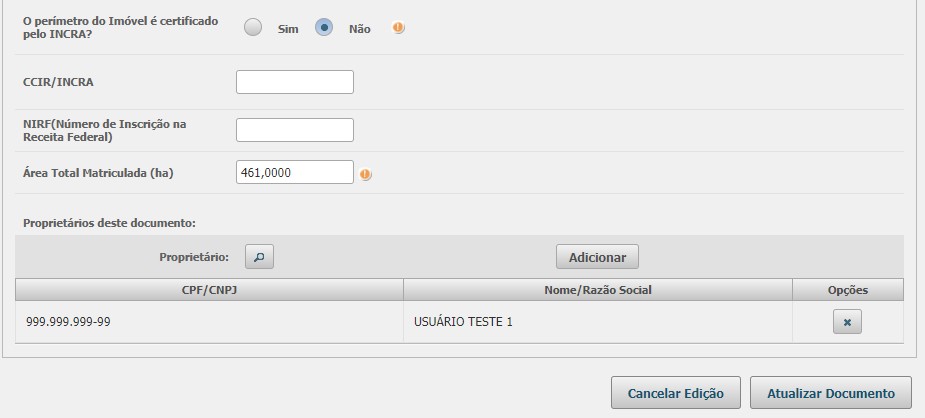 Figura 6: Editar proprietários, posseiros ou concessionários