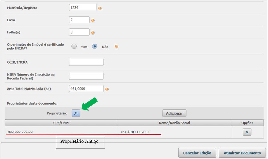 Figura 9: Atualizar Proprietário/posseiro/concessionário